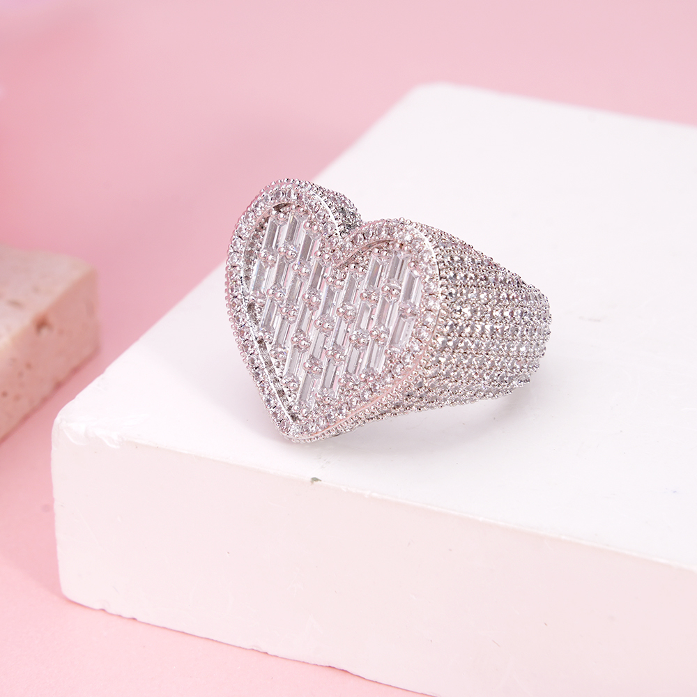 Love Heart Iced Out Diamond Baguette Heart Ring Gold Plated Cubic Zircon Ring Hip Hop Style
