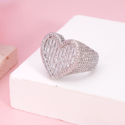 Love Heart Iced Out Diamond Baguette Heart Ring Gold Plated Cubic Zircon Ring Hip Hop Style