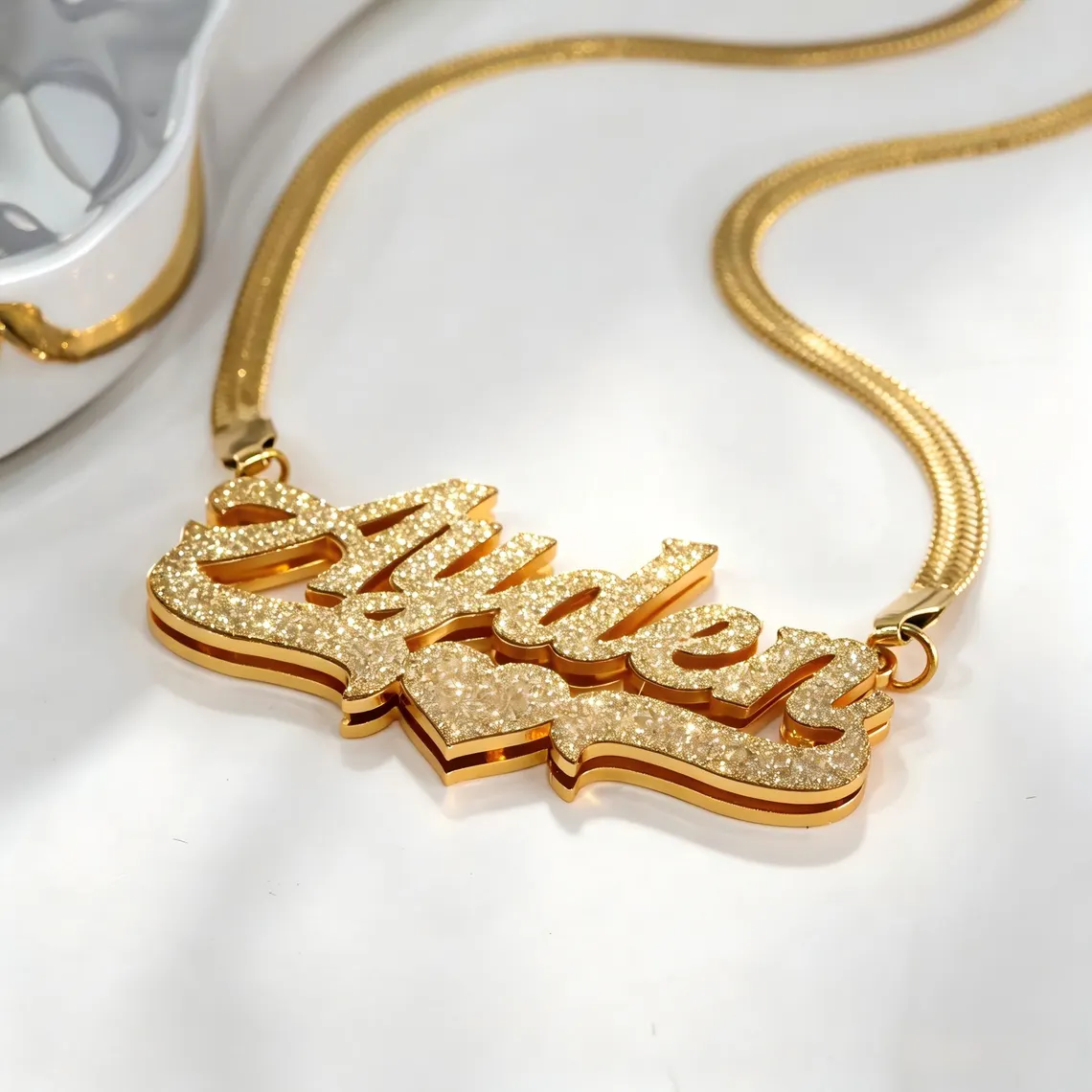 Personalized Shiny Double Plate Glitter Heart Name Necklace