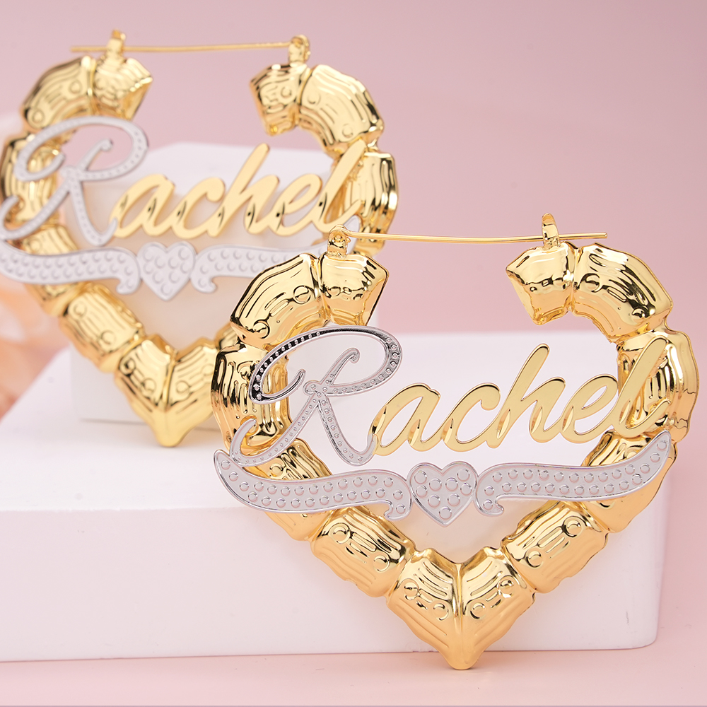 Personalized Two Tone Heart Shape Bamboo Name  Earrings 