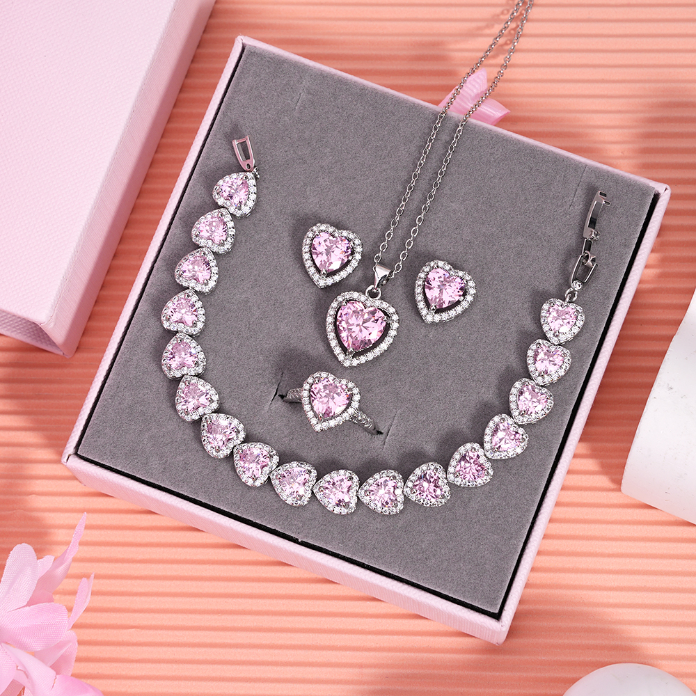 Pink Heart Zircon White Gold Necklace Bracelet Ring and Earrings Four Piece Valentines Jewelry