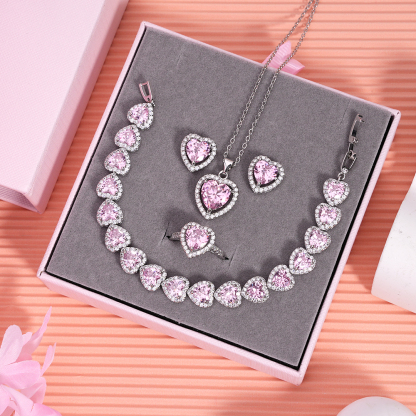 Pink Heart Zircon White Gold Necklace Bracelet Ring and Earrings Four Piece Valentines Jewelry