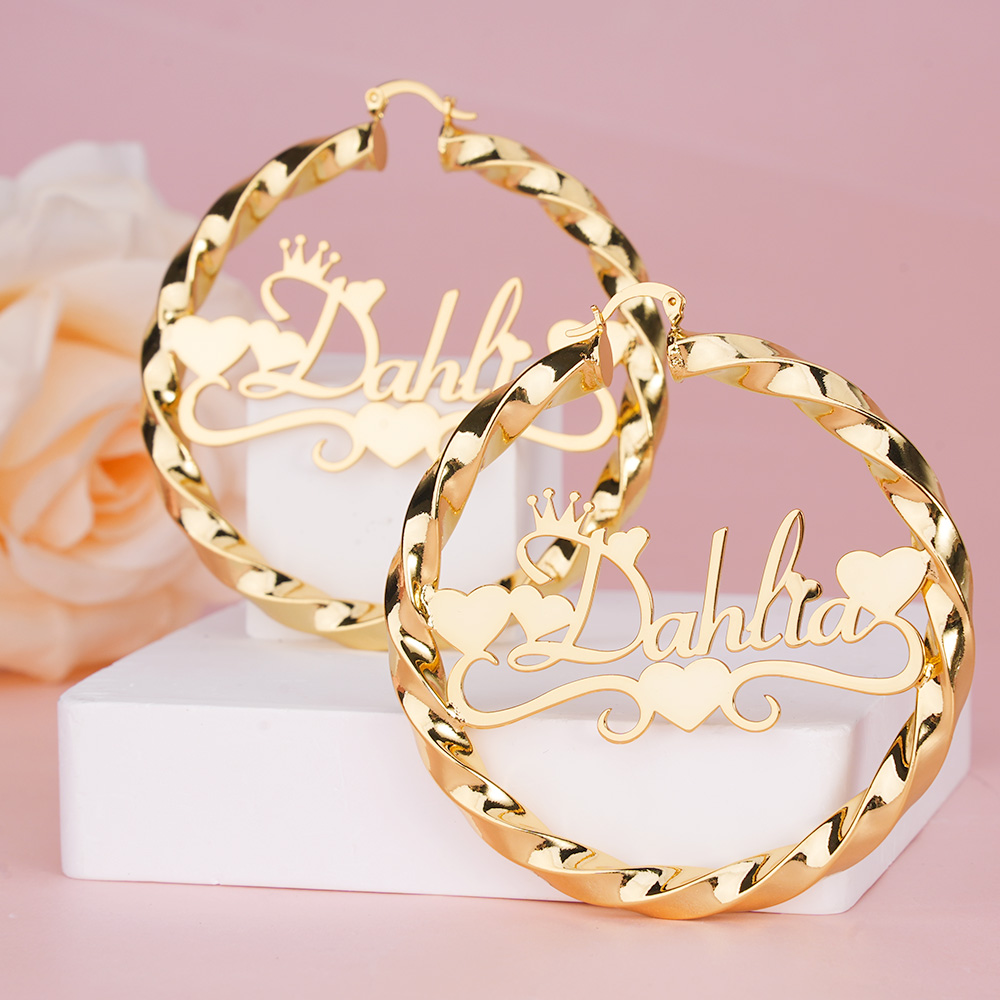 Twist Hoop Earring Personalized Heart Crown Fashion Women Name Earrings 
