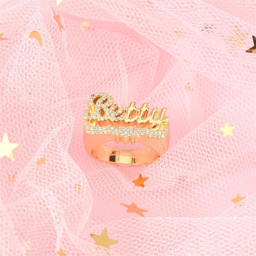 Custom Personalized Gold Plated Bling Bling Heart Name Ring