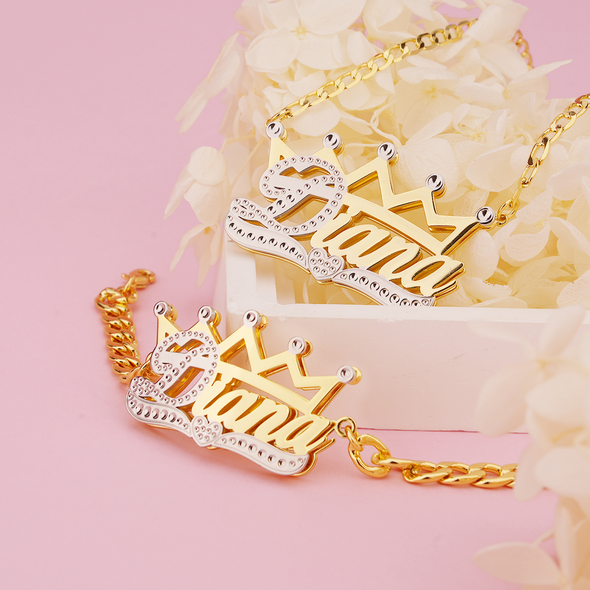 Double Layer Crown Nameplated Personalized Name Necklace And Name Bracelet 2pc Set