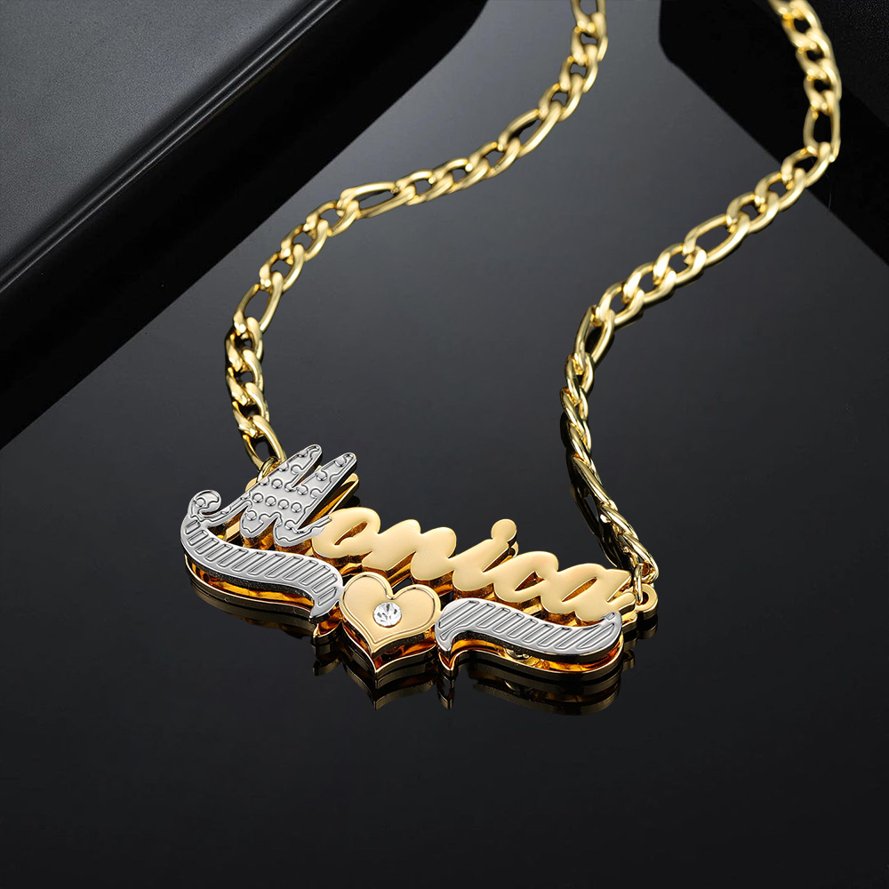 Custom Two Tone Double Plated Heart-Shaped Crystal Name Necklace