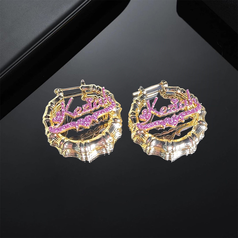 Stainless Steel Pink Bling Nameplate Set Custom Name Necklace And Name Earrings