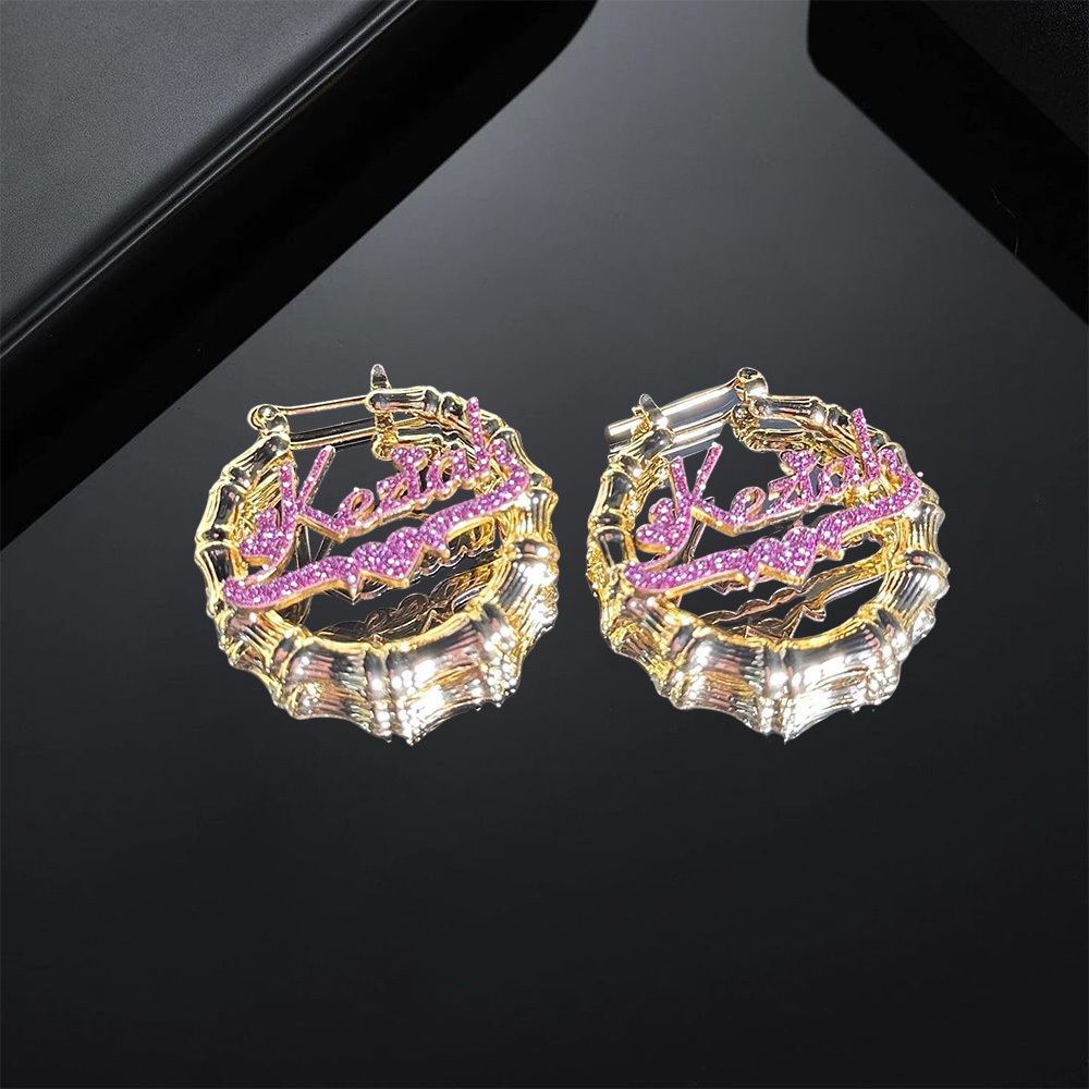 Stainless Steel Pink Bling Nameplate Set Custom Name Necklace And Name Earrings