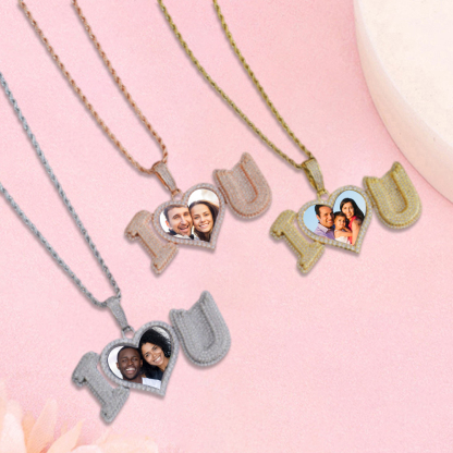 Personalized Sparkling Diamond I Love U Photo Heart Necklace