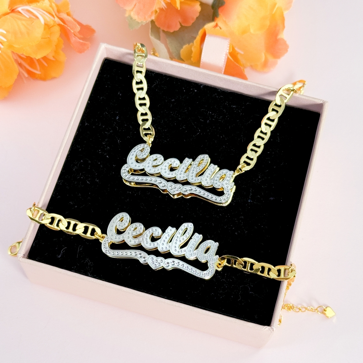 [Copy]Gold Plated Enamel Heart Nameplate Necklace and Bamboo Earrings Jewelry Set