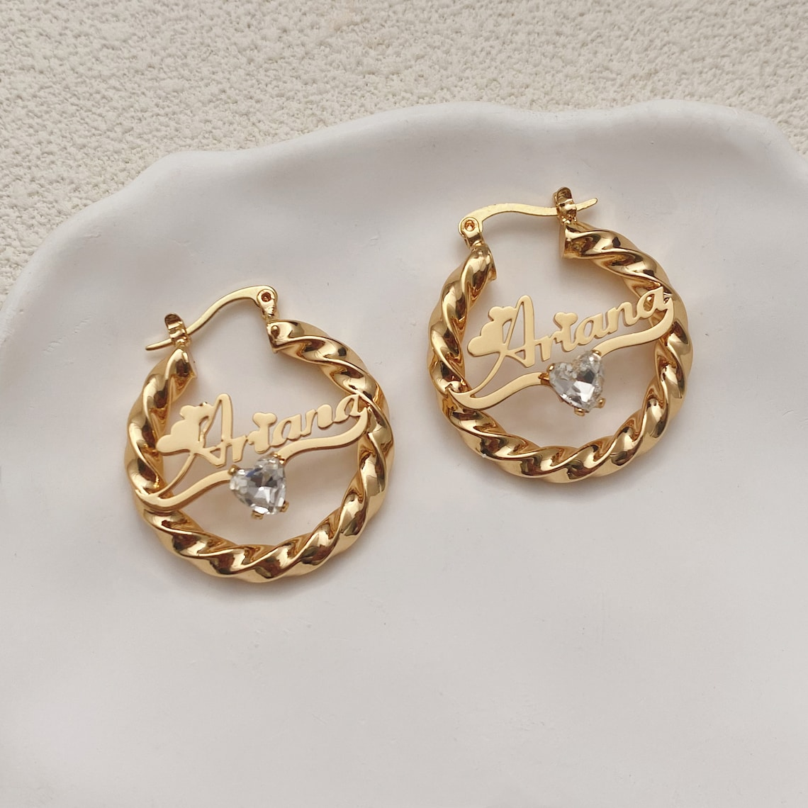 Custom Twist Hoop Heart Birthstone Nameplate Earrings