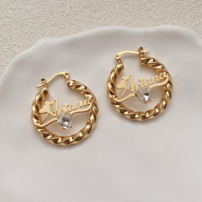 Custom Twist Hoop Heart Birthstone Nameplate Earrings