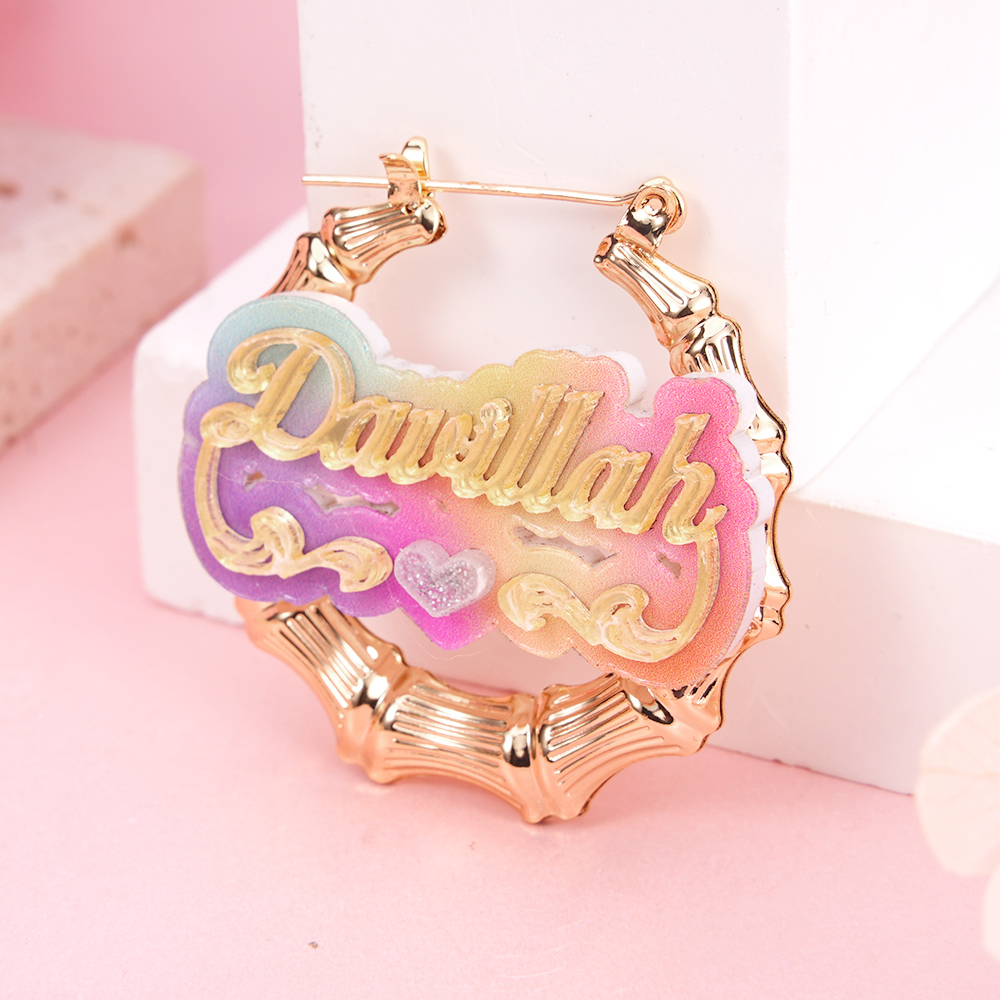 Personalized Colorful Acrylic Name with Heart Bamboo Hoop Earrings
