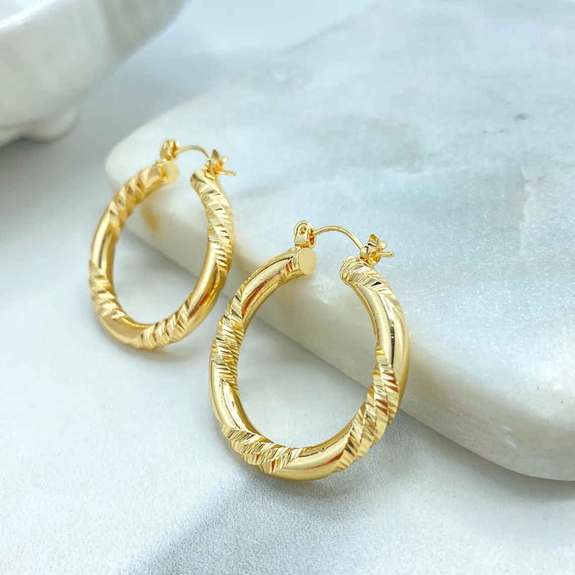 Gold Filled Mini Twisted Diamond Cut Hoop Earrings Stainless Steel