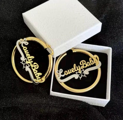 Custom Two Tone Butterfly Nameplate Hoop Earrings