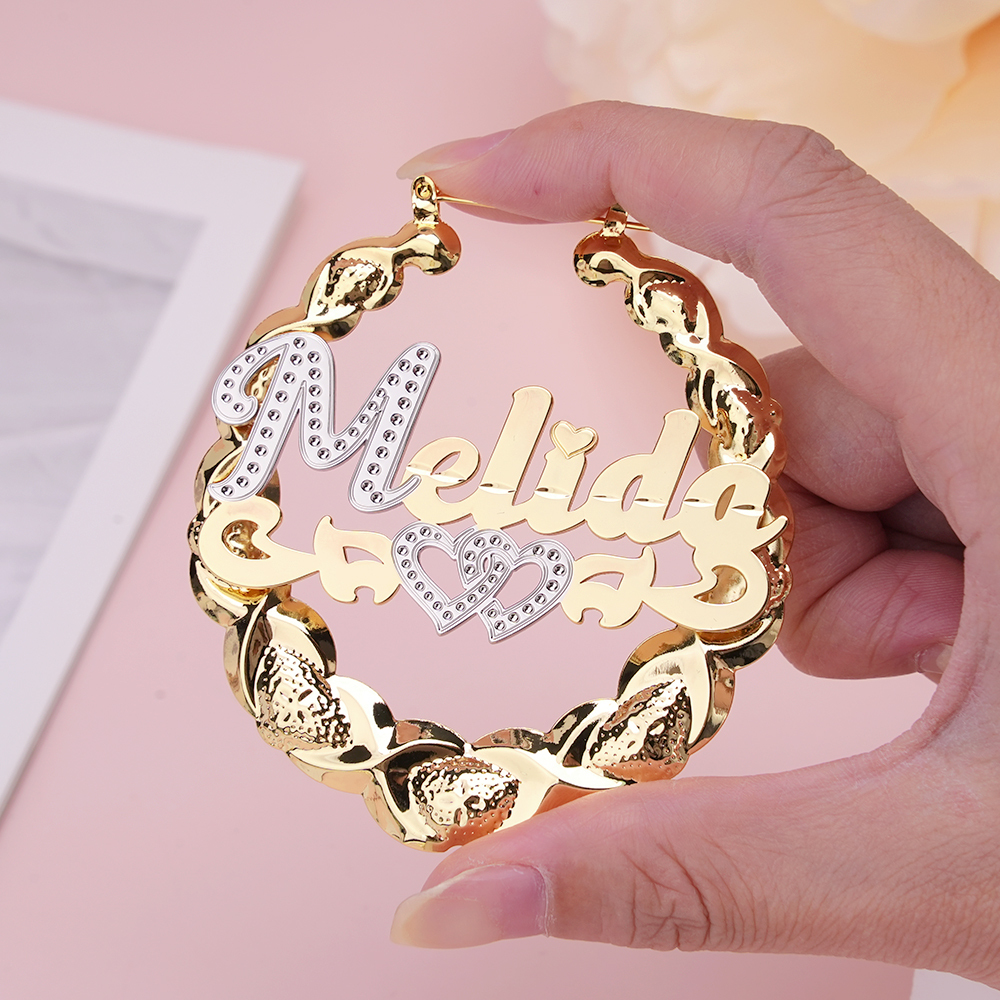 Two Heart Nameplate Personalized Name Bamboo Earrings