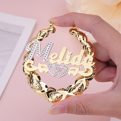 Two Heart Nameplate Personalized Name Bamboo Earrings