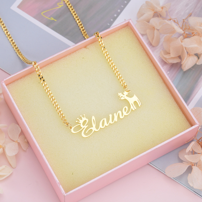 Personalized Elk Crown Nameplate Pendant Cuban Chain Name Necklace