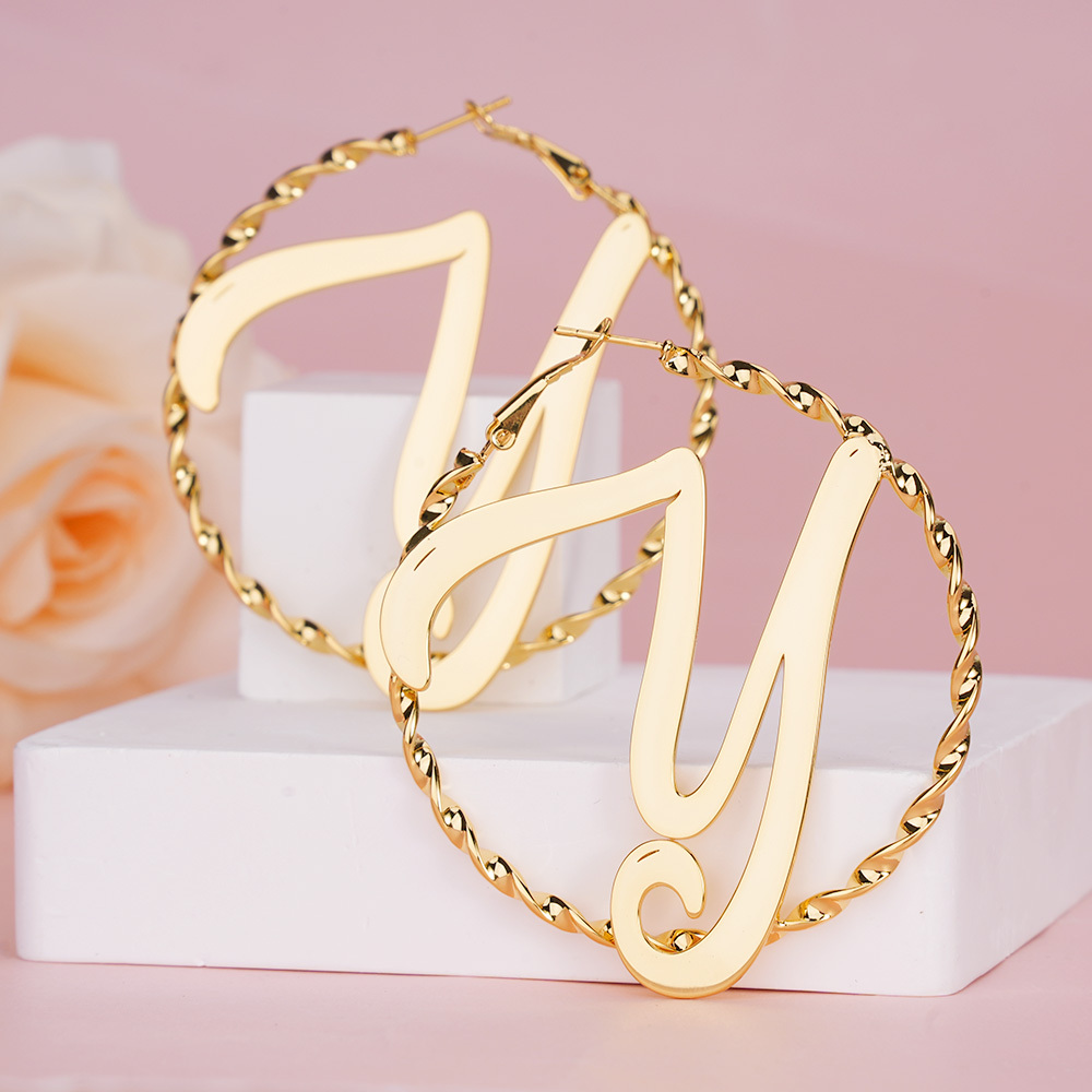 Personalized Gold Plated Big Letter Initial Name Hoop Earrings Women Gift