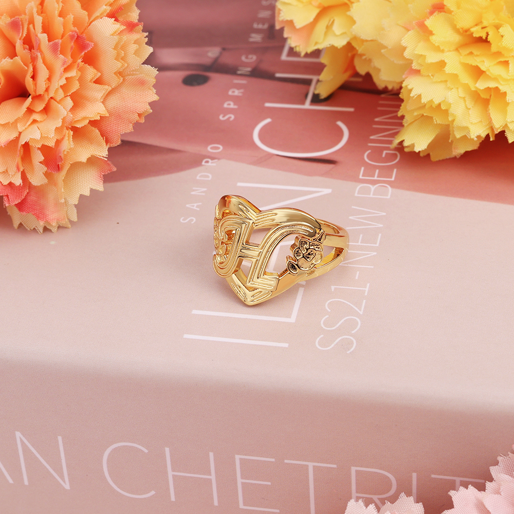 Personalized Flower Heart Initial Letter Ring Custom Ring