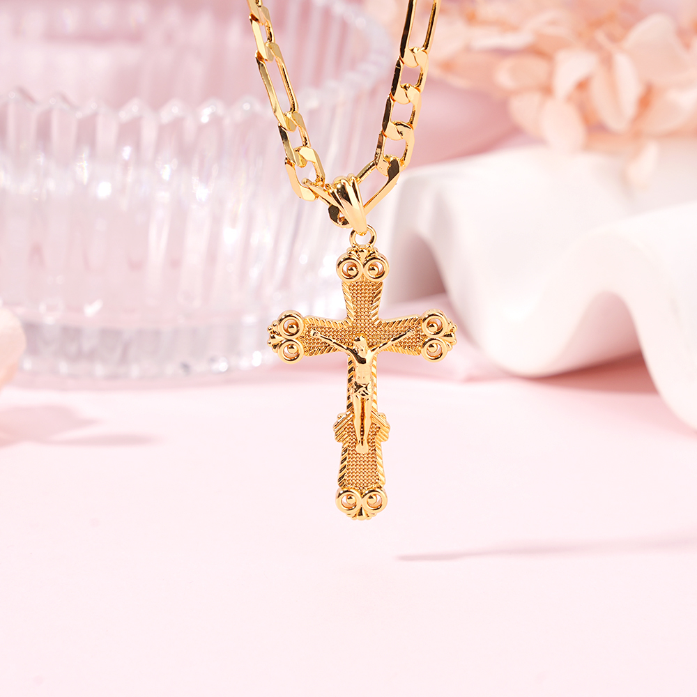 Crucifix Cross Jesus Pendant Necklace Gold Plated Figaro Chain