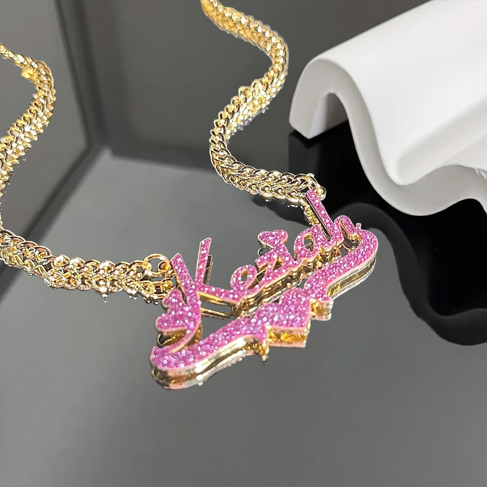 Stainless Steel Pink Bling Nameplate Set Custom Name Necklace And Name Earrings