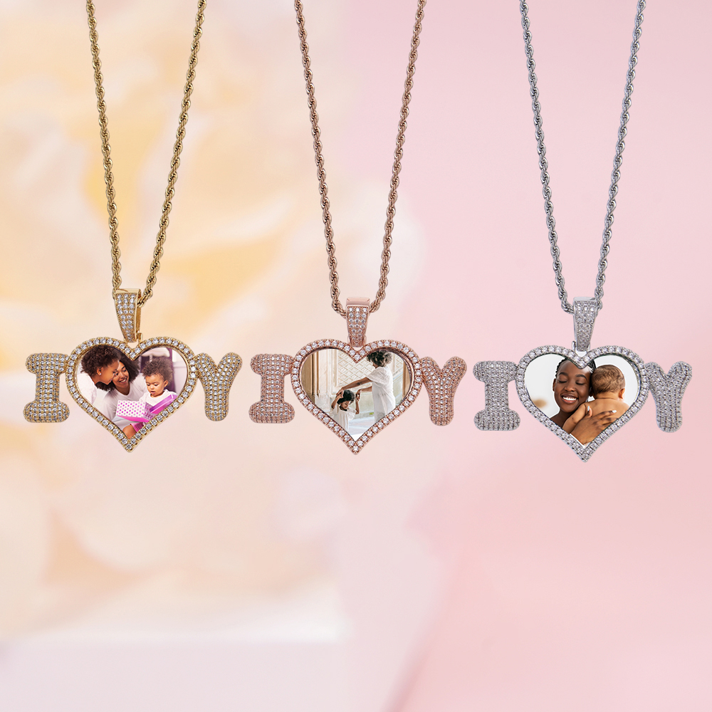 Personalized Sparkling Diamond I Love You Photo Necklace
