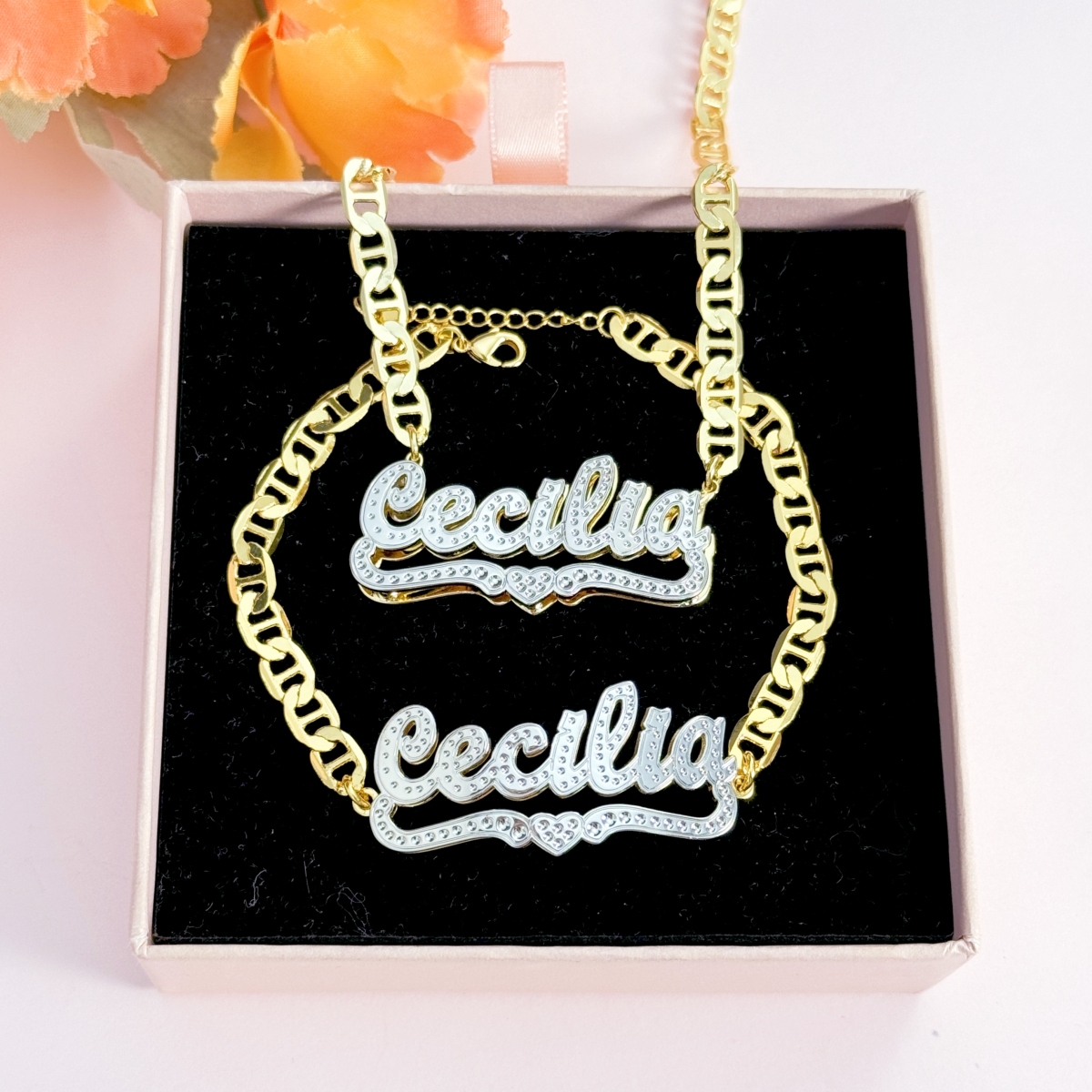 [Copy]Gold Plated Enamel Heart Nameplate Necklace and Bamboo Earrings Jewelry Set