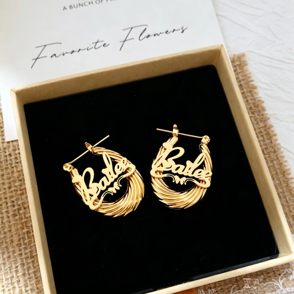 Cursive Nameplate with Butterfly Custom Hoop Earrings