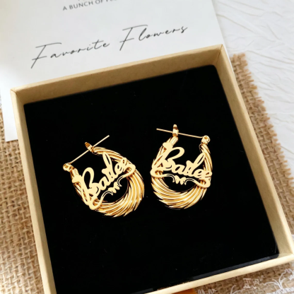 Cursive Nameplate with Butterfly Custom Hoop Earrings
