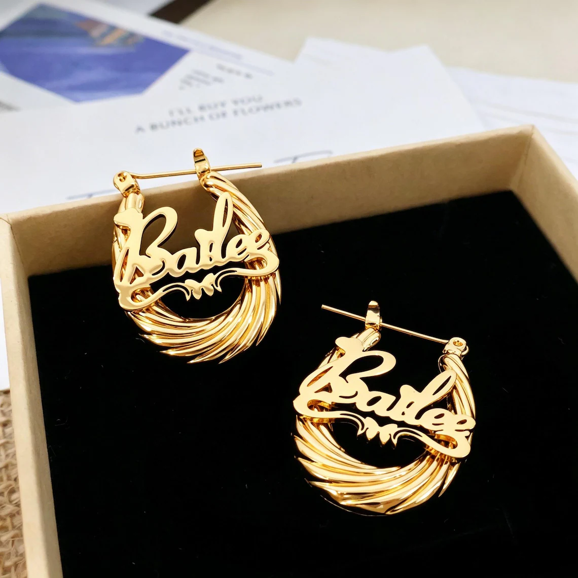 Cursive Nameplate with Butterfly Custom Hoop Earrings