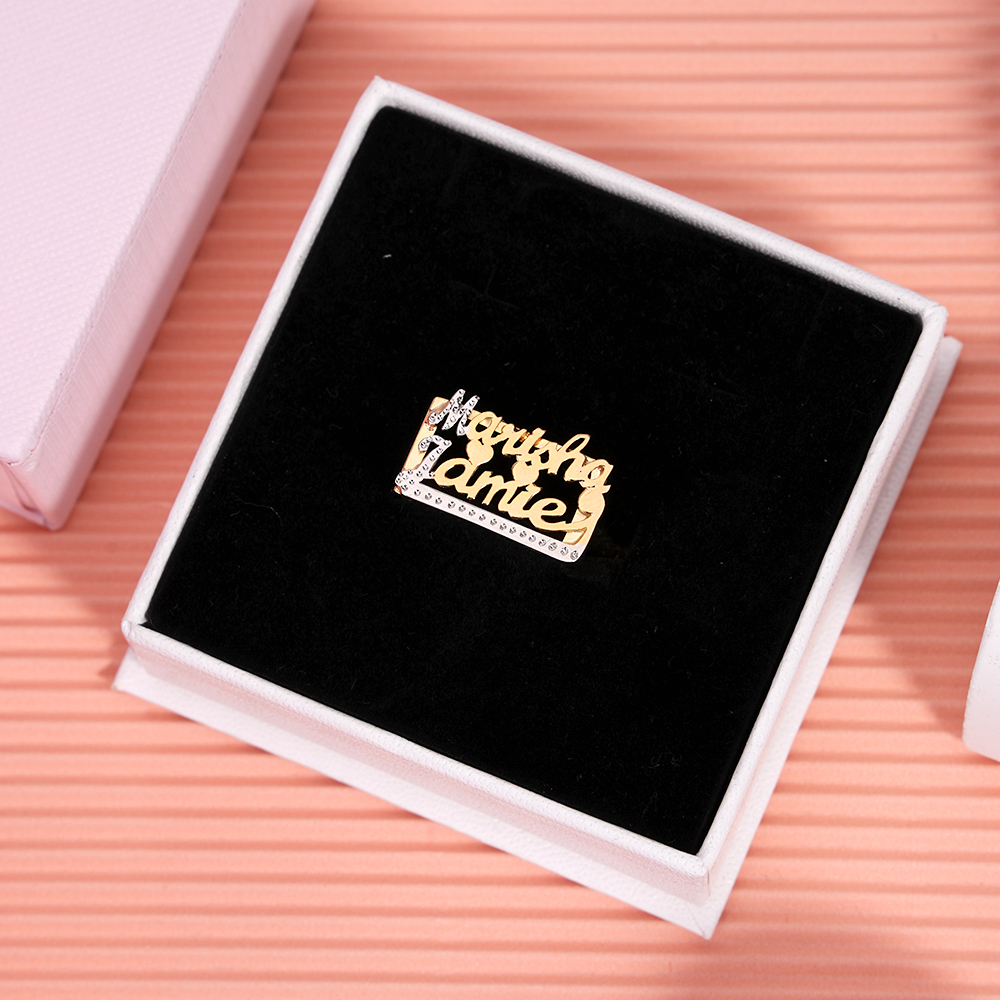 Two Tone Two Names Heart Personalized Custom Gold Plated Name Ring