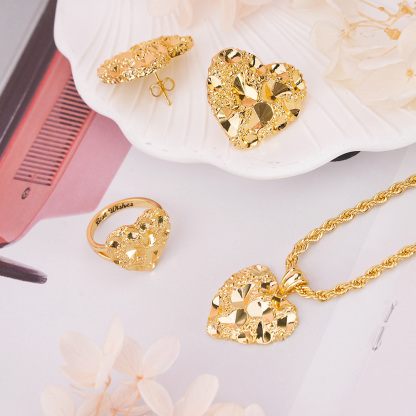 Gold Plated Nugget Love Heart Set Personalized Name Ring And Necklace Stud Earrings