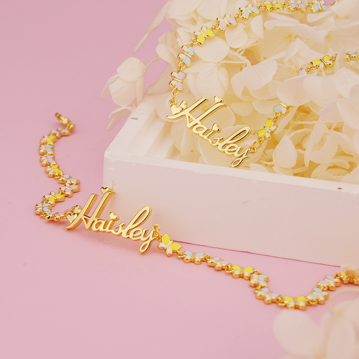 Colorful Butterfly Chain Personalized Custom Name Necklace And Name Bracelet Set