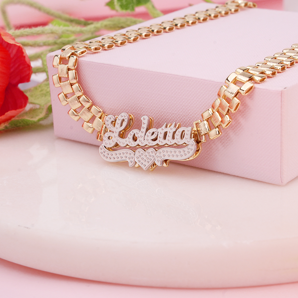 Watch Band Style Rolex Link Chain Double Plated Personalized Diamond Cut Name Necklace