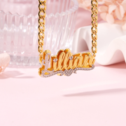 Double Plate Two Tone Heart Nameplate Pendant With Cuban Chain Personalized Name Necklace