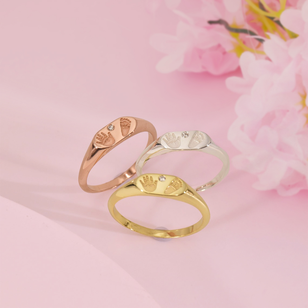Personalized Baby Feet Ring with Birthstone Memorial Ring