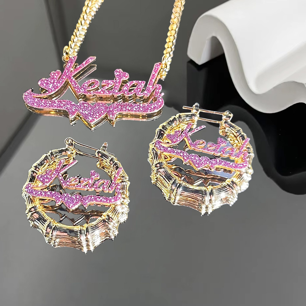 Stainless Steel Pink Bling Nameplate Set Custom Name Necklace And Name Earrings