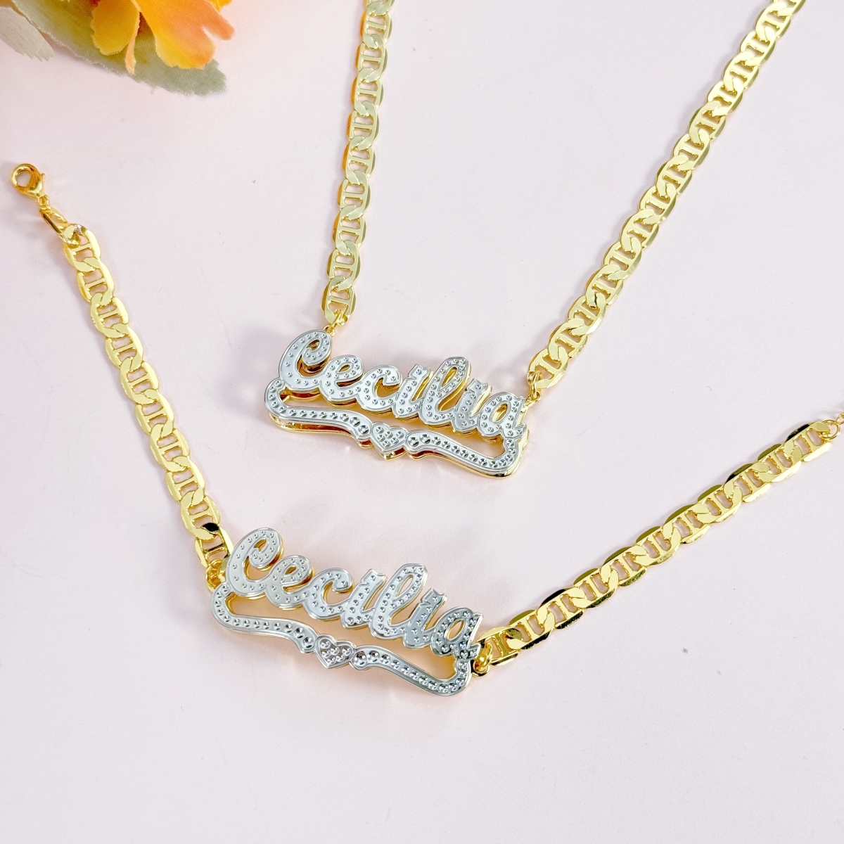 Gold Plated Enamel Heart Nameplate Necklace and Bamboo Earrings Jewelr