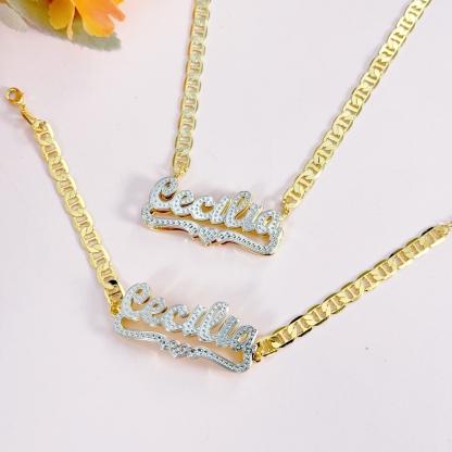 [Copy]Gold Plated Enamel Heart Nameplate Necklace and Bamboo Earrings Jewelry Set