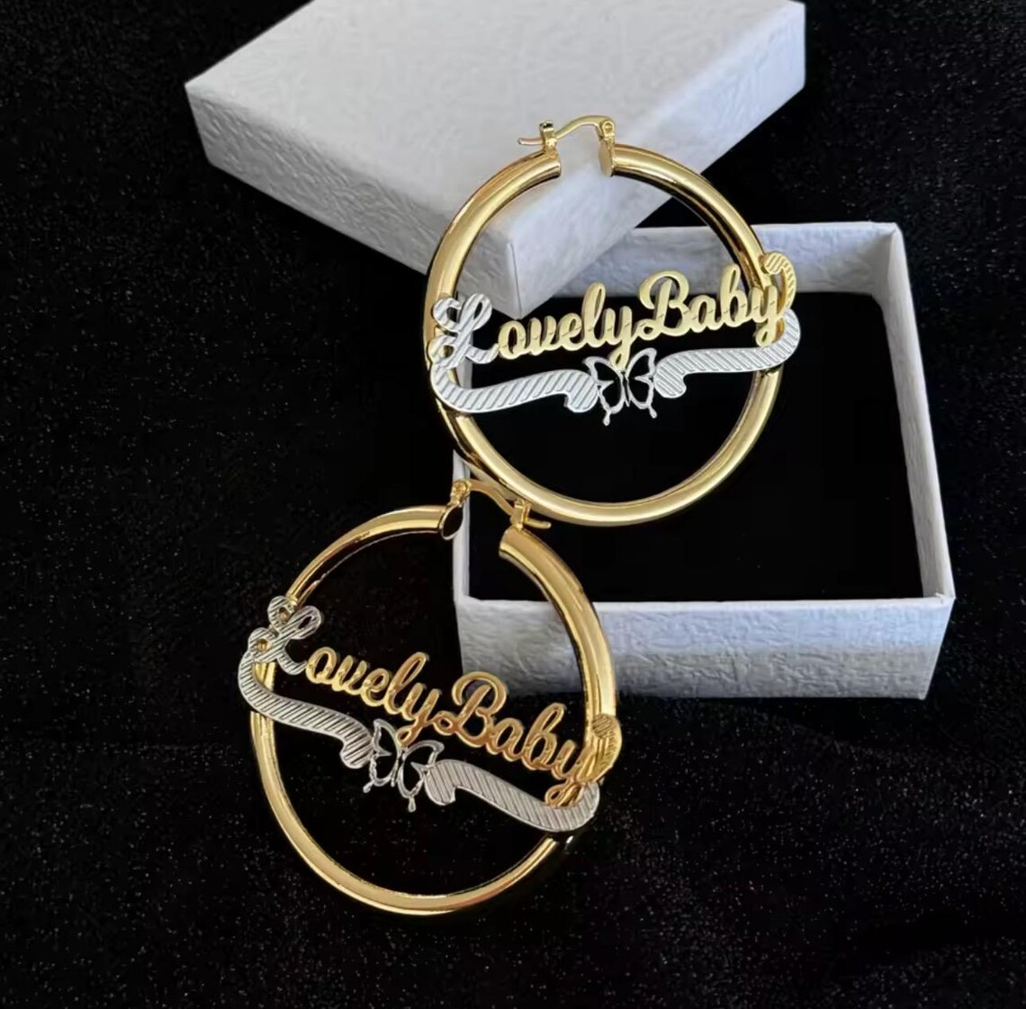 Custom Two Tone Butterfly Nameplate Hoop Earrings