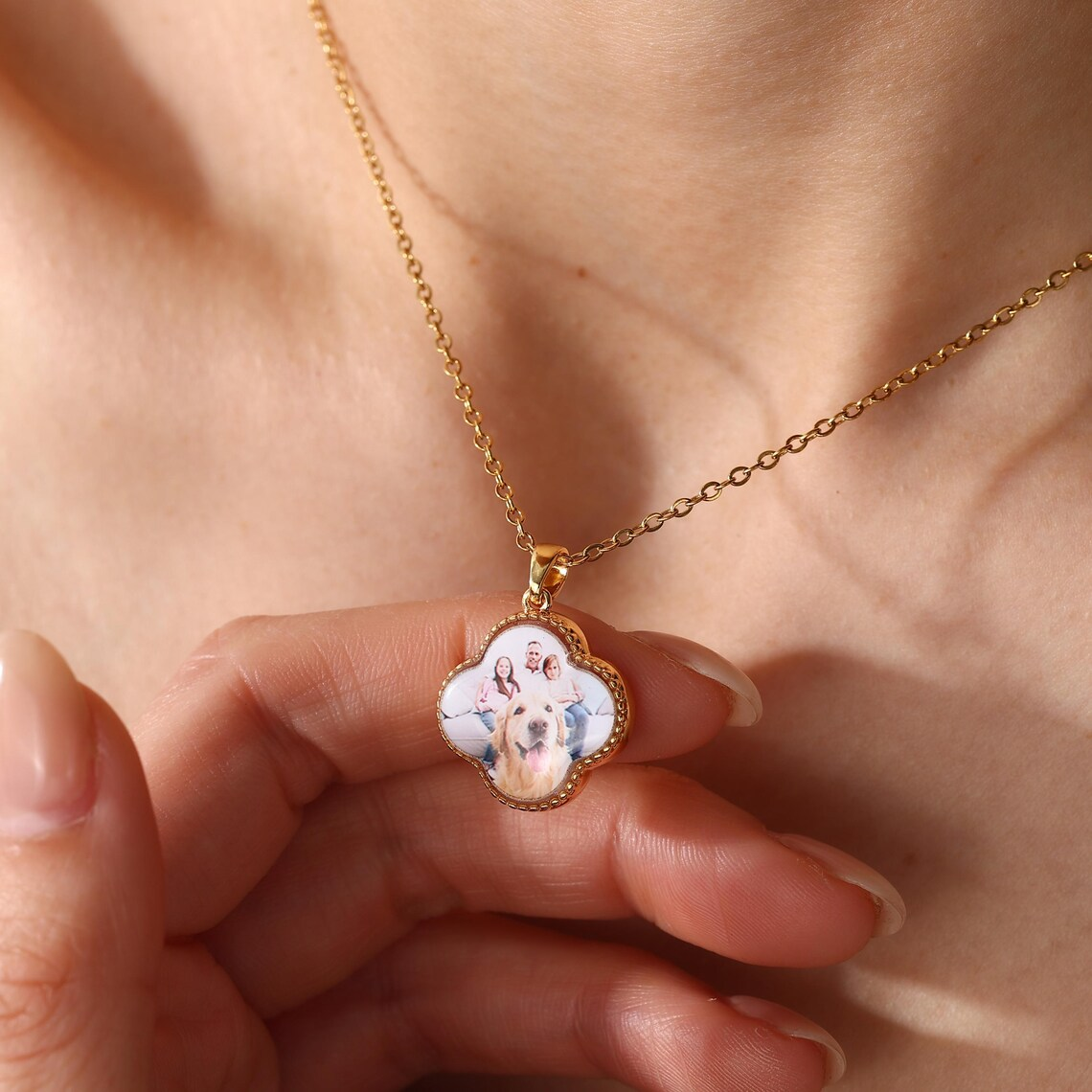Custom Lucky Clover Photo Pendant Necklace Family Memorial Jewelry