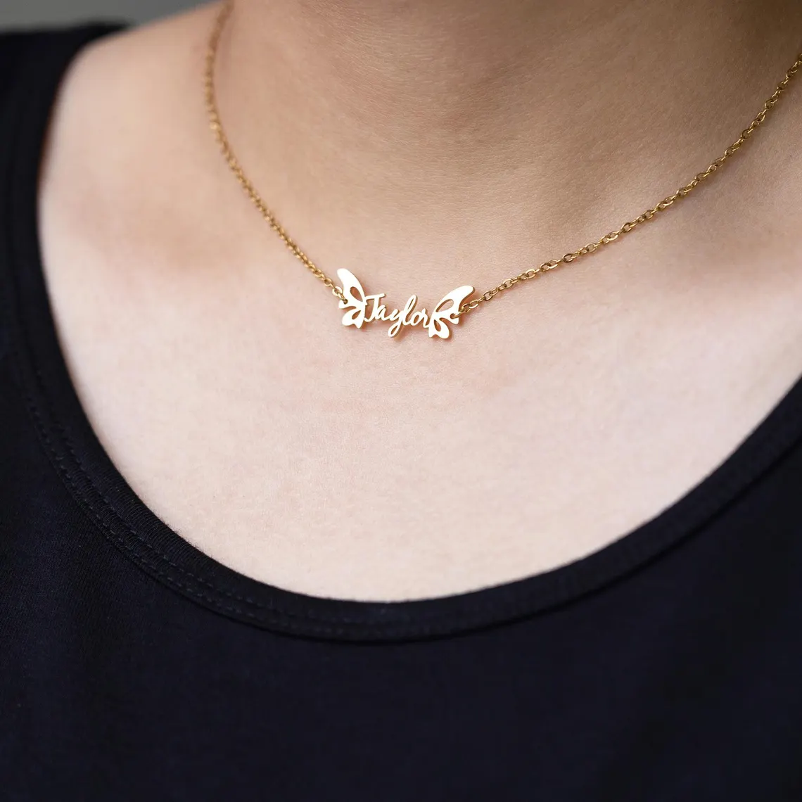 Personalized Butterfly Wings Nameplate Necklace Gold Plated