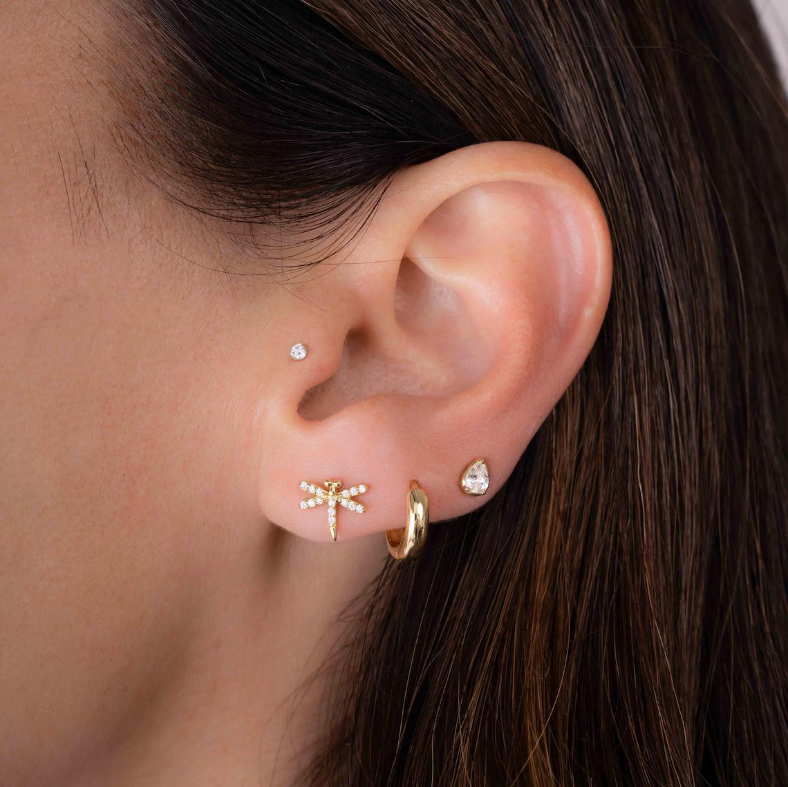 Woman Golden Zirconia Dragonfly Stud Earrings Gifts for Her