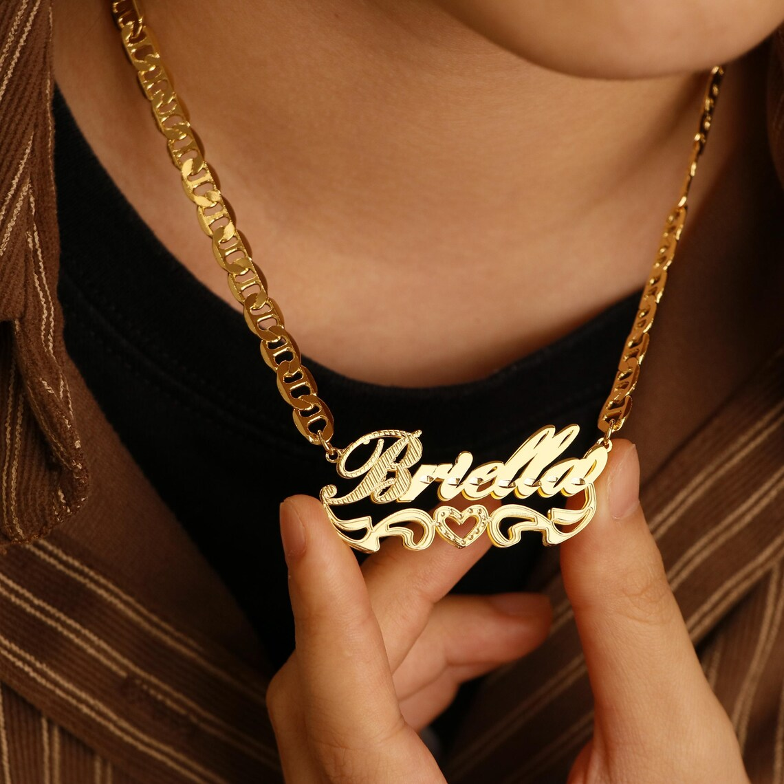 Custom Double Layer Heart Name Necklace Mariner Chian
