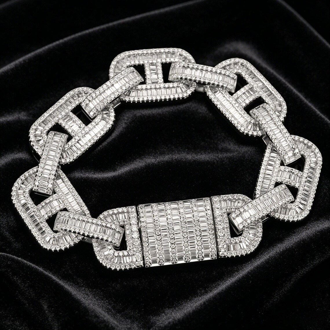 Hip Hop Iced Out Mariner Chain Baguette Cut Rectangle Cuban Link Bracelet