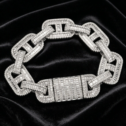 Hip Hop Iced Out Mariner Chain Baguette Cut Rectangle Cuban Link Bracelet