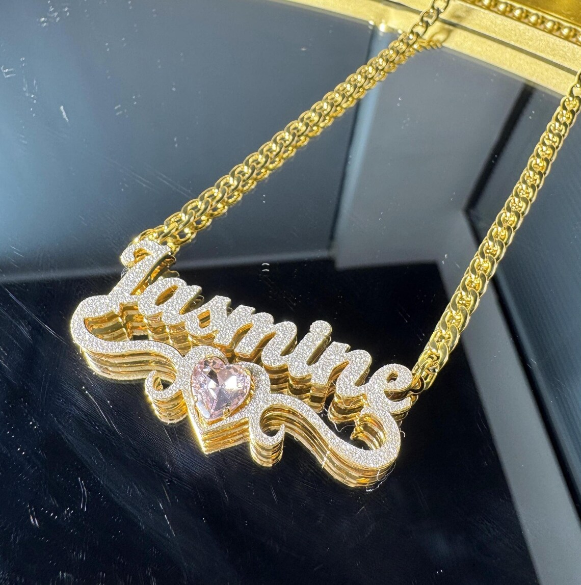 Double Layer Shiny Heart Birthstone Custom Name Necklace