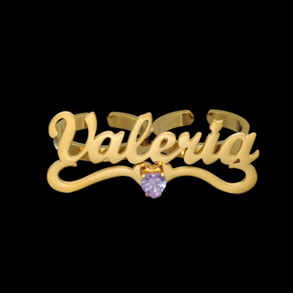 Custom Heart Birthstone Two Finger Custom Gold Plated Name Ring