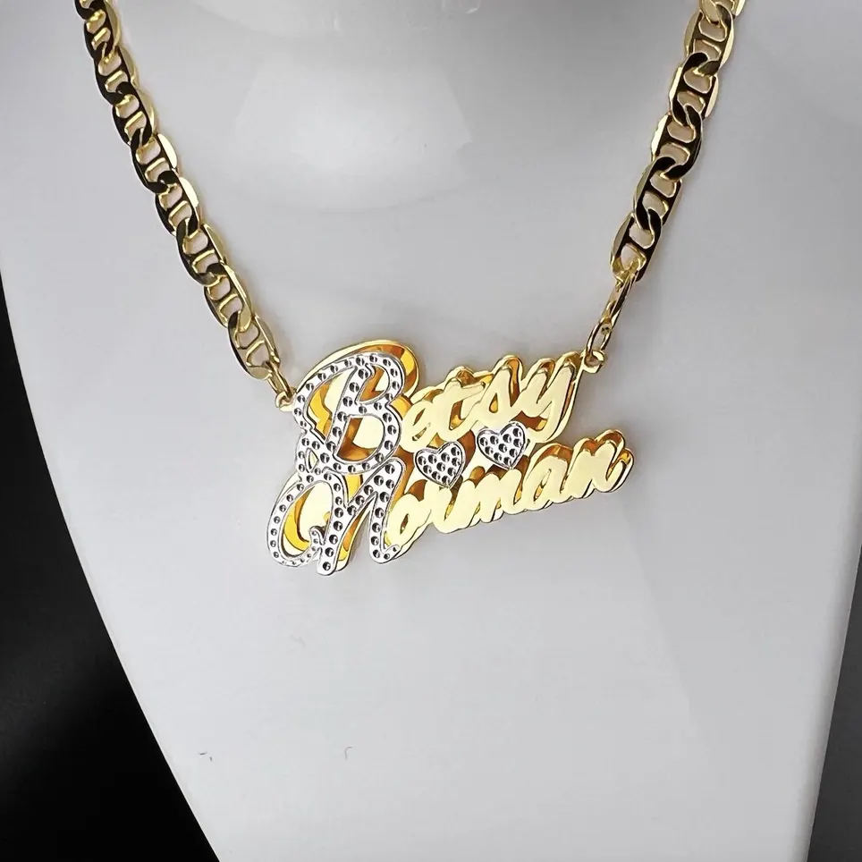 Two Hearts Two Tone Double Plate Couple Name Necklace